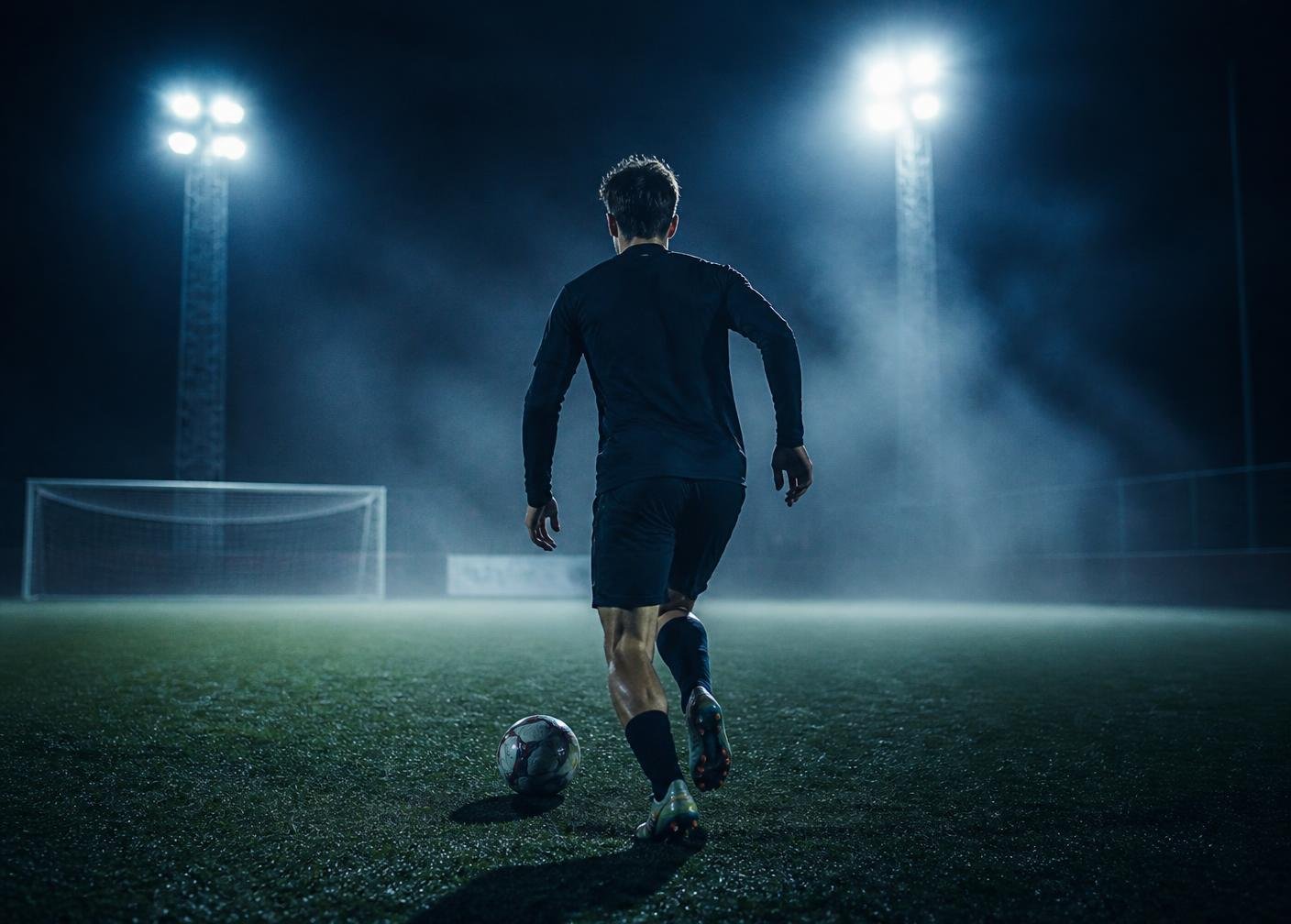 Jugador entrenando de noche bajo focos